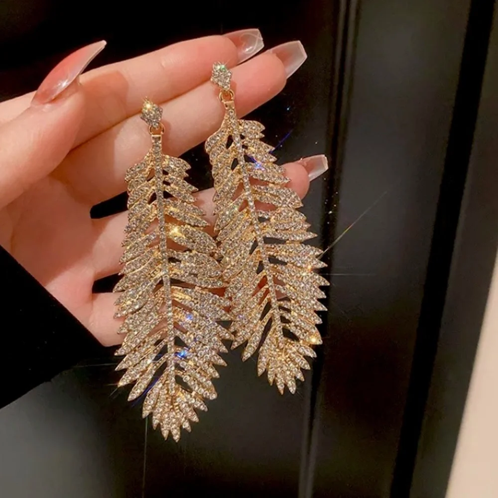 Gold Plated Feather Big Earrings - Picture 1 of 5